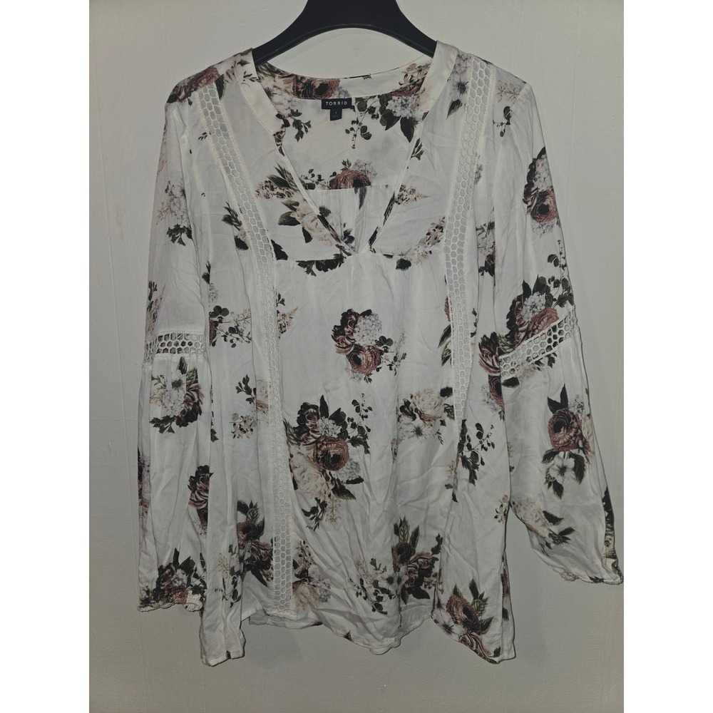 Torrid Floral V-Neck Boho Blouse White Brown Lace Trim Long Sleeve Size 1 1X